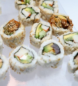 A plate of sushi at a Japanese themed birthday party.