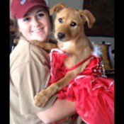 Young woman holding a yellow dog.