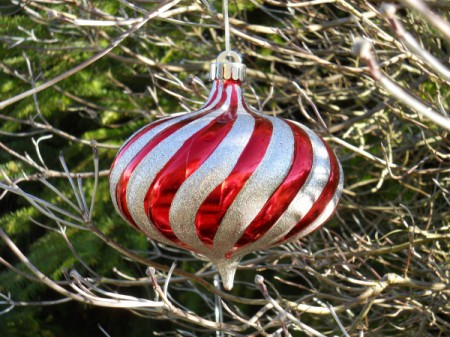 Closeup of red and white striped ornament.