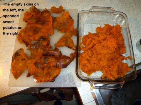 Sweet potaotes in Pyrex baking dish.