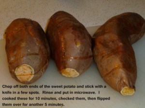 Three microwaved sweet potatoes.