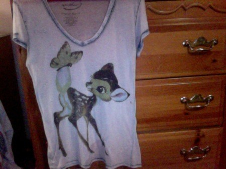 Front of thin shirt with Bambi screen print.