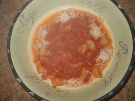 Steaming dish of creole shrimp stew.