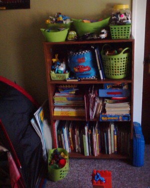 View of child's bookcase and storage bins.