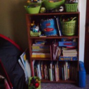 View of child's bookcase and storage bins.