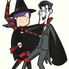 Dracula and a witch dancing.