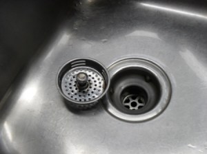 Drain strainer sittling next to drain in clean sink.