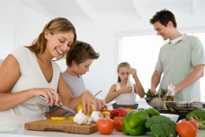 A family cooking a home cooked meal.