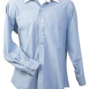 Blue shirt with a white collar.