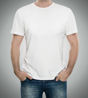 Man wearing a white t-shirt.