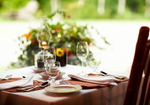 Dining table with a nice tablecloth.