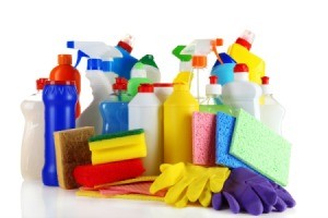 Bottles of cleaning products.