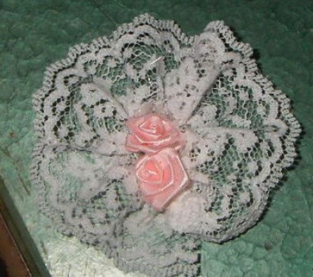 lace and pink ribbon rosettes for handle