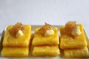 rectangles of fried mush with garnish