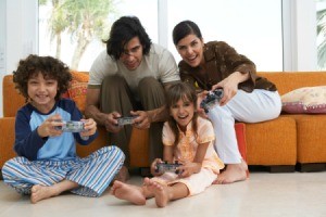 family playing video games