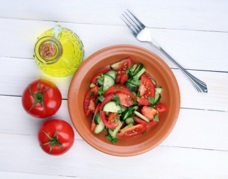 bowl of tomato and cucumber slices