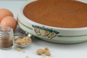 crustless pumpkin pie in baking dish