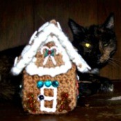 crochet gingerbread house with cat in background