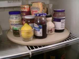 Lazy Susan in a refrigerator.