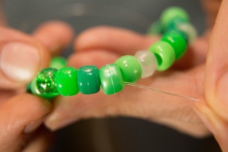 Beaded Minecraft Creeper Cuff - close up of the bead pattern of the bracelet