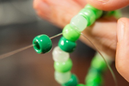 Beaded Minecraft Creeper Cuff - close up of beading the bracelet