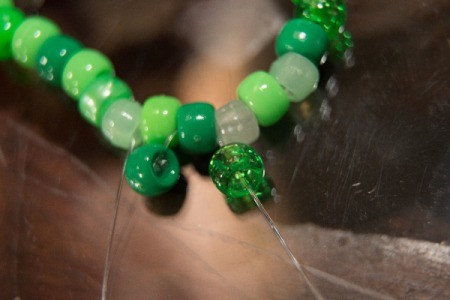 Beaded Minecraft Creeper Cuff - close up of beading the bracelet