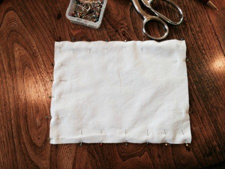 fabric pinned together with opening left for stuffing