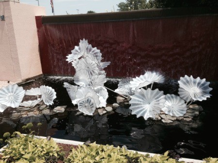 beautiful frosted glass lily pad like shapes against dark water