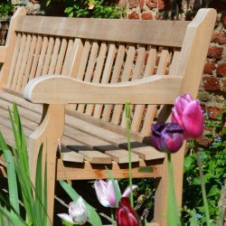 wooden garden bench with tulips