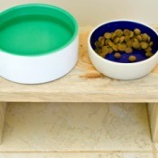 food and water dish on wooden bench