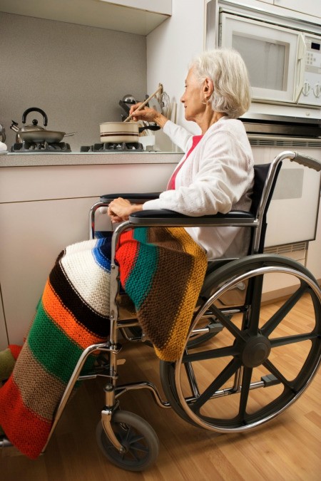 woman in wheelchair with afghan