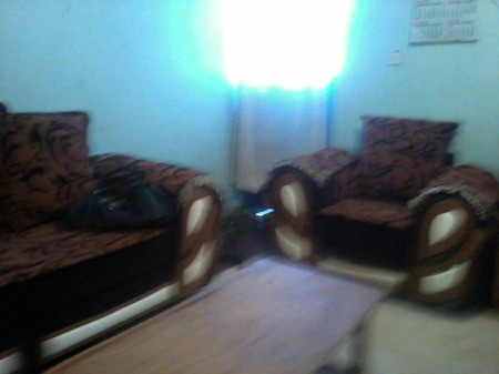 photo showing blue walls and brown couch