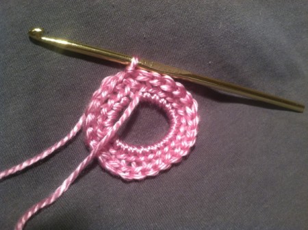 Crocheted Newborn Mitts - sc in BACK LOOP ONLY in same stitch and each around