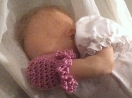 Crocheted Newborn Mitts - baby wearing mitts