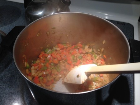Chicken Tortilla Soup - simmering broth and veggies