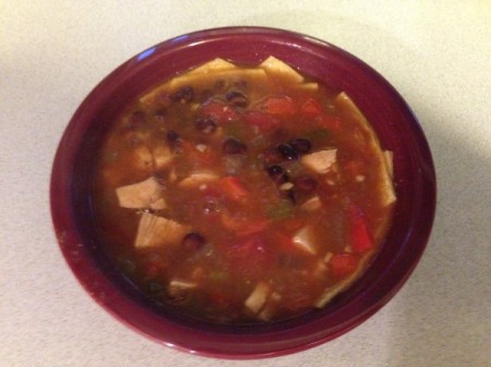 Chicken Tortilla Soup - place tortilla strips in bowl and ladle in soup