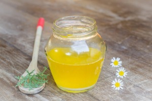 Glass jar of ghee.