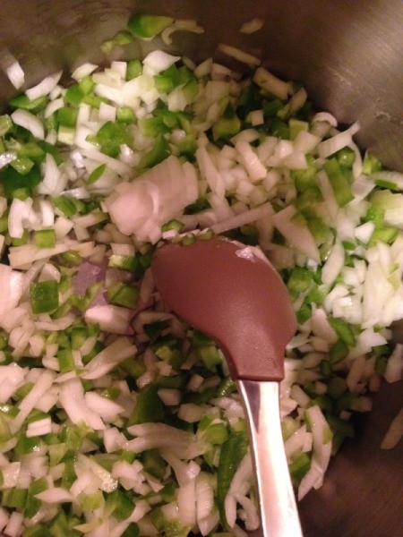 Green Chili Chicken - cooking Green Chili Chicken - onions and peppers