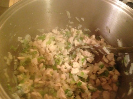 Green Chili Chicken - cooking chicken with onions and bell peppers