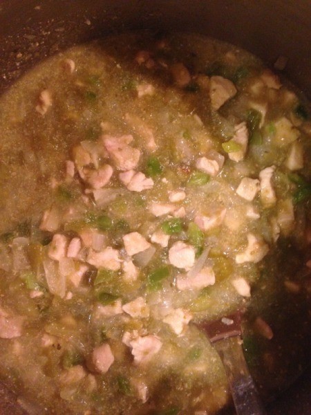 Green Chili Chicken - chicken chili simmering prior to adding beans