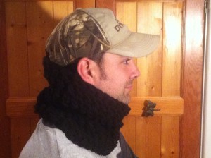 side view of husband wearing cowl