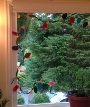 closeup of garland in window top corner