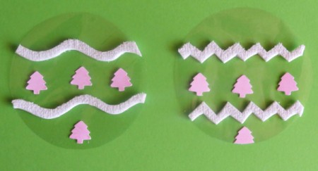 pink trees and foam squiggles on baubles