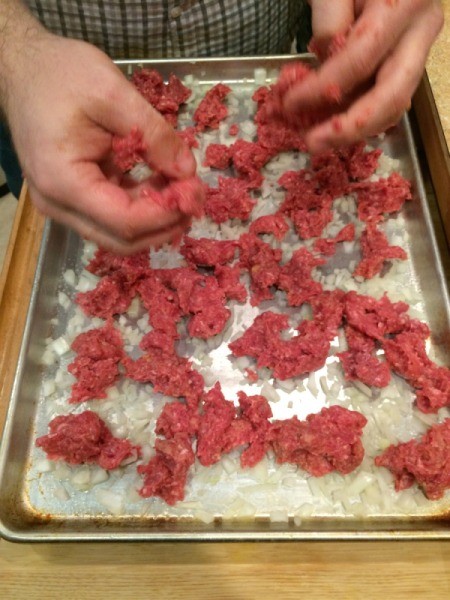 Easy Cookie Sheet Sliders - drop beef on pan 1
