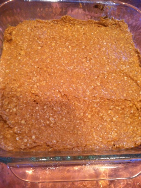 A pan of pumpkin breakfast bars, before baking