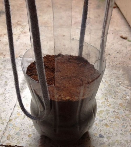 A hanging bottle planter