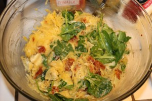 A bowl of Greek flavored spaghetti squash.