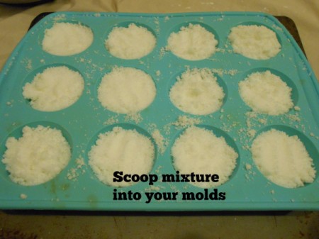 Pampering Lemon Peppermint Bath Bombs - putting ingredients into molds