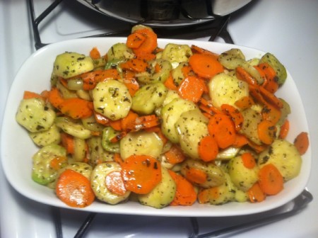 A dish of sautéed vegetables.