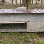 A chicken coop made from recycled materials.